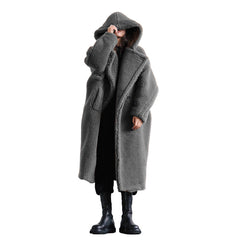 Gray Women's Winter Teddy Coat Long Waffle Cone Trimmed, Plus Sizes S-5XL