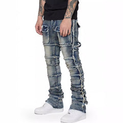Blue Men's Stacked Dark Vintage Wash Straight Leg Jeans Premium Denim Style