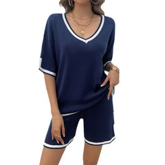 Blue Women's Cozy Chic V-Neck Sweater Short Set Casual Loose Fit Lounge Outfit