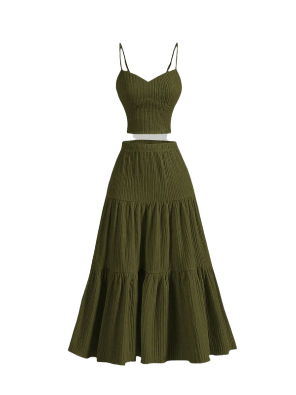 Olive Green Casual Ruched Ribbed Two-Piece Midi Dress Solid Color Bodycon Set