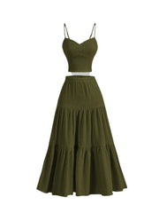 Olive Green Casual Ruched Ribbed Two-Piece Midi Dress Solid Color Bodycon Set