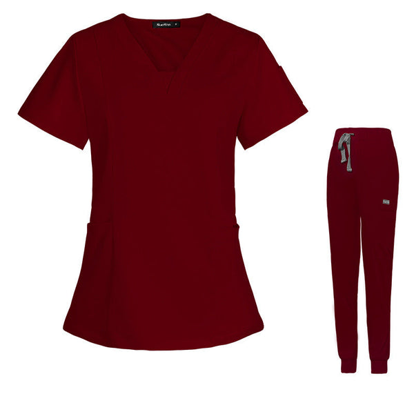 Women's Wine Red V-Neck Cargo Jogger Nurse Pant Set - Breathable Short-Sleeved Uniform