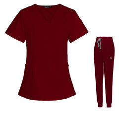 Women's Wine Red V-Neck Cargo Jogger Nurse Pant Set - Breathable Short-Sleeved Uniform