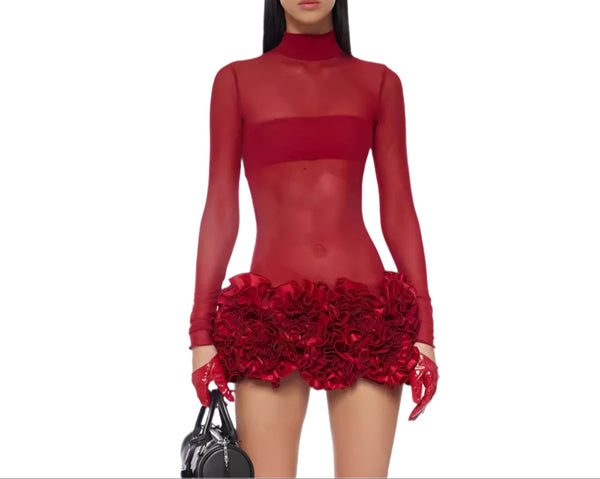 Women's Red Mock Neck Long Sleeve Sheer Mini Dress Elegant & Sexy Party Wear