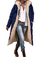 Navy Blue Women's Oversized Hooded Statement Coat with Long Sleeves