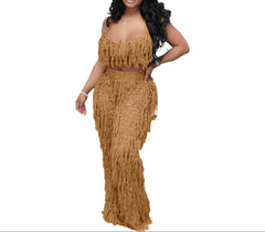 Khaki Women’s Crochet Tassel Beach Beach Cover-Up – Sheer Knit Swimwear Set