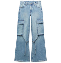 Women's Loose Fit Mid-Waist Cargo Jeans with Adjustable Straps
