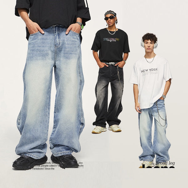 Men's Urban White Wave Wide Leg Denim Jeans