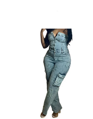 Plus Size Fall Sky Blue Denim Corset Jumpsuit for Women – Retro Style, Sleeveless, High Stretch