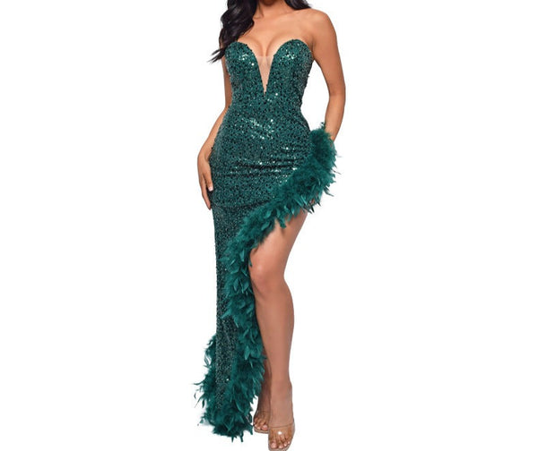 Women's Strapless Backless Sequin Slit Dress