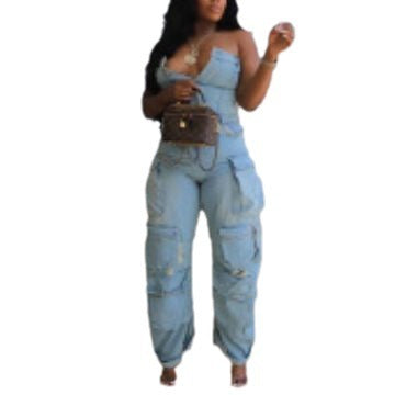 Shop Trendy Women's Tube Top Multi-Pocket Cargo Jumpsuit – Perfect Fit & Style for Any Occasion!