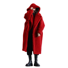 Red Women's Winter Teddy Coat – Long Waffle Cone Trimmed, Plus Sizes S-5XL