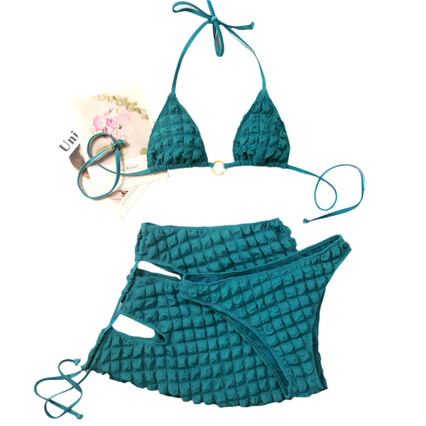 Blue New Trend Special Bubble Style Fabric Three Piece Bikini With Cover Up