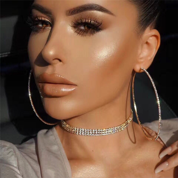 Gold Plated  Thin Rhinestone Hoop Earrings